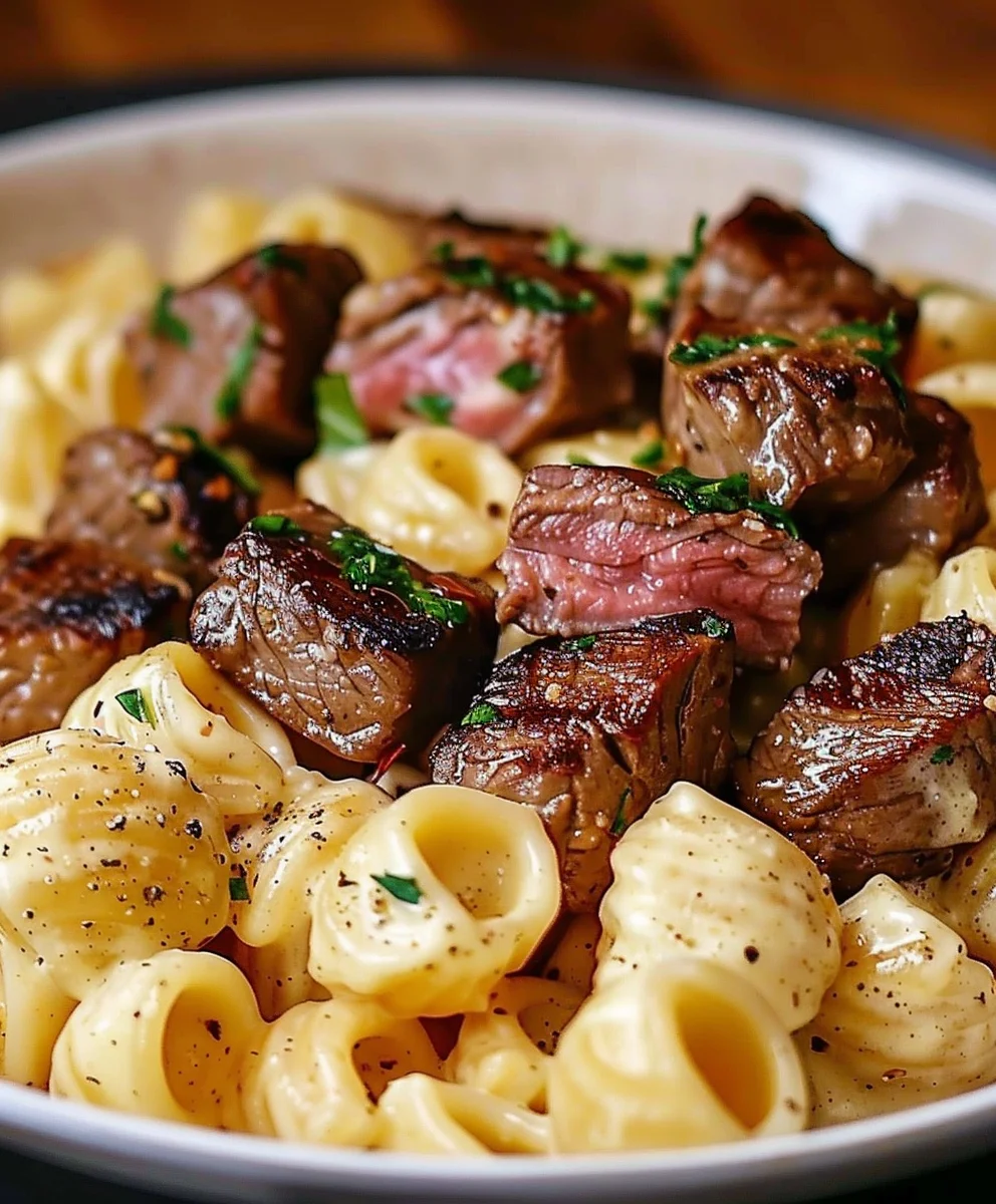 Steak Bites Pasta: Creamy Garlic Butter Alfredo
