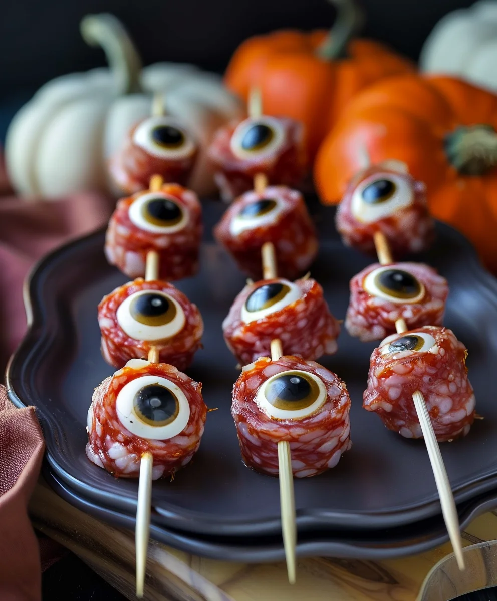 Spooky Halloween Skewered Beef Salami Eyeballs Recipe