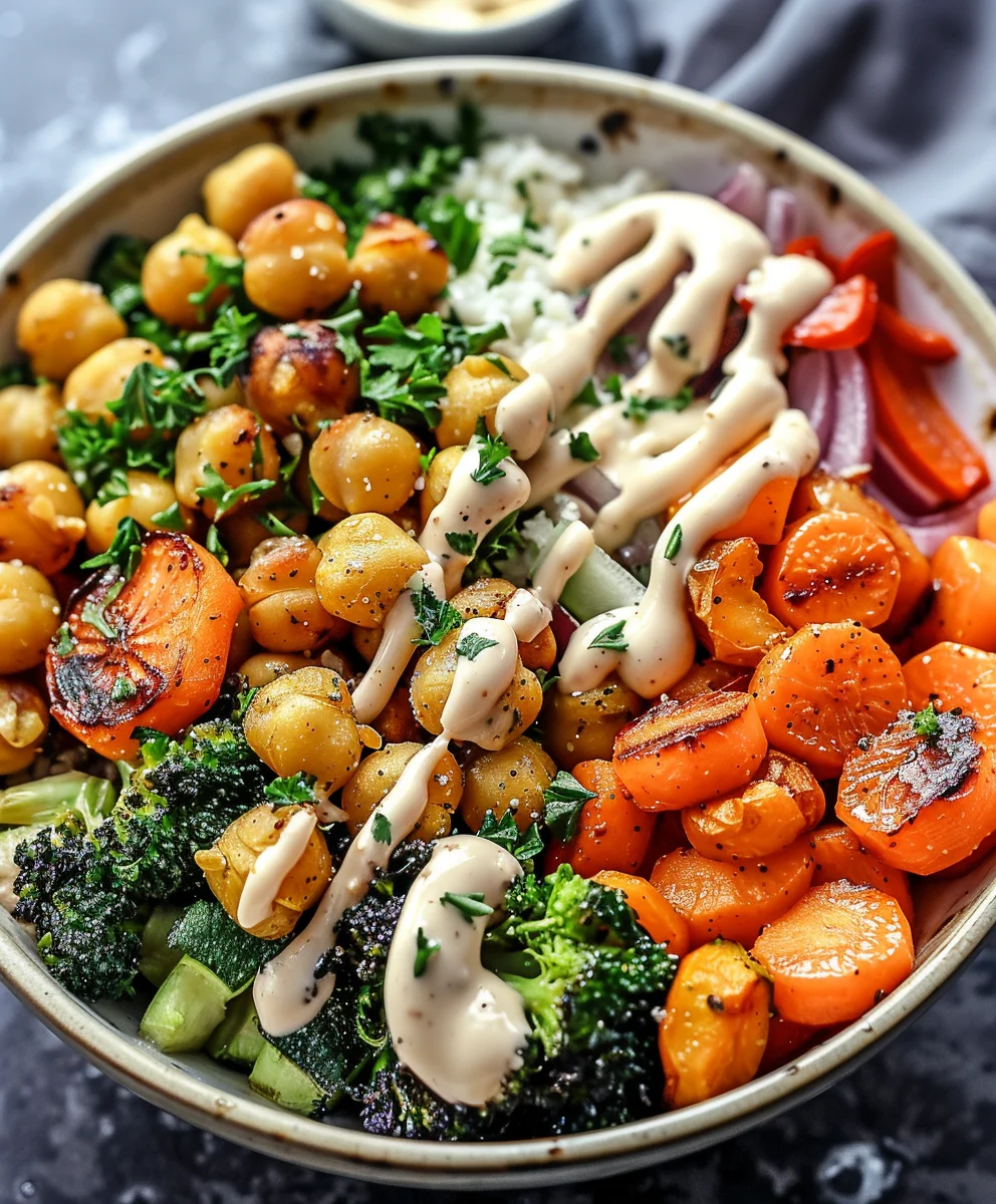 Delicious Roasted Veg Chickpea Bowl with Tahini Dressing