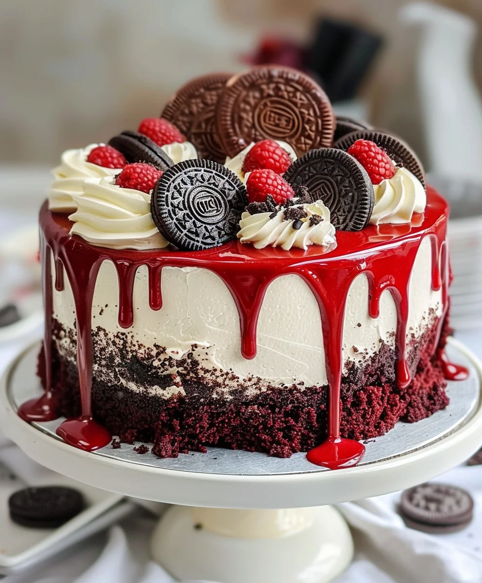 Get the Decadent Oreo Red Velvet Cheesecake Drip Cake Recipe!