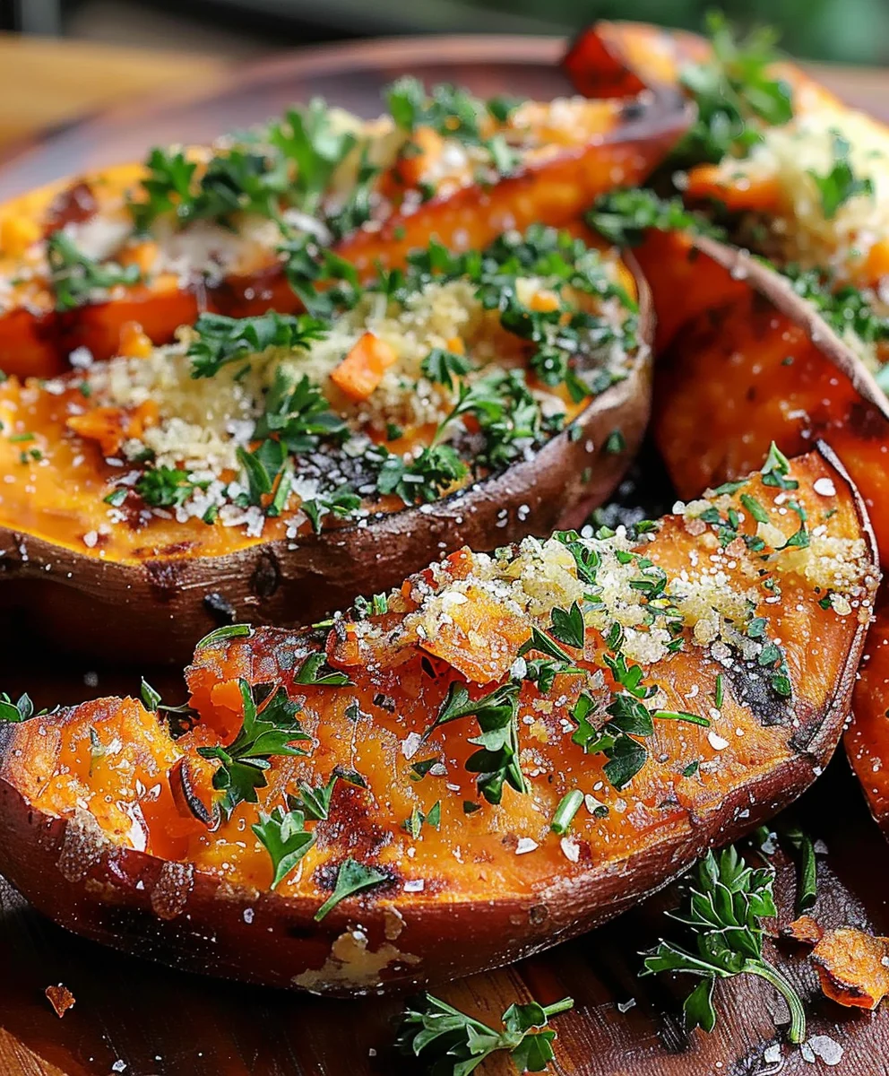 Healthy Garlic Parmesan Sweet Potato Wedges Recipe!
