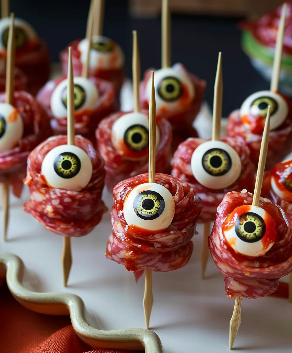 Spooky Halloween Skewered Beef Salami Eyeballs Recipe