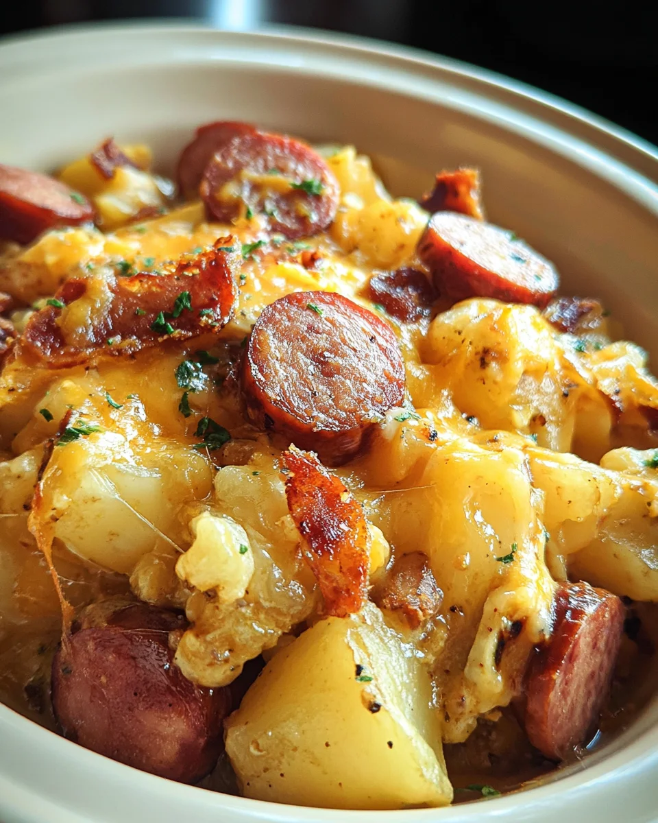 Crockpot Cheesy Potatoes with Beef Kielbasa - Easy Meal