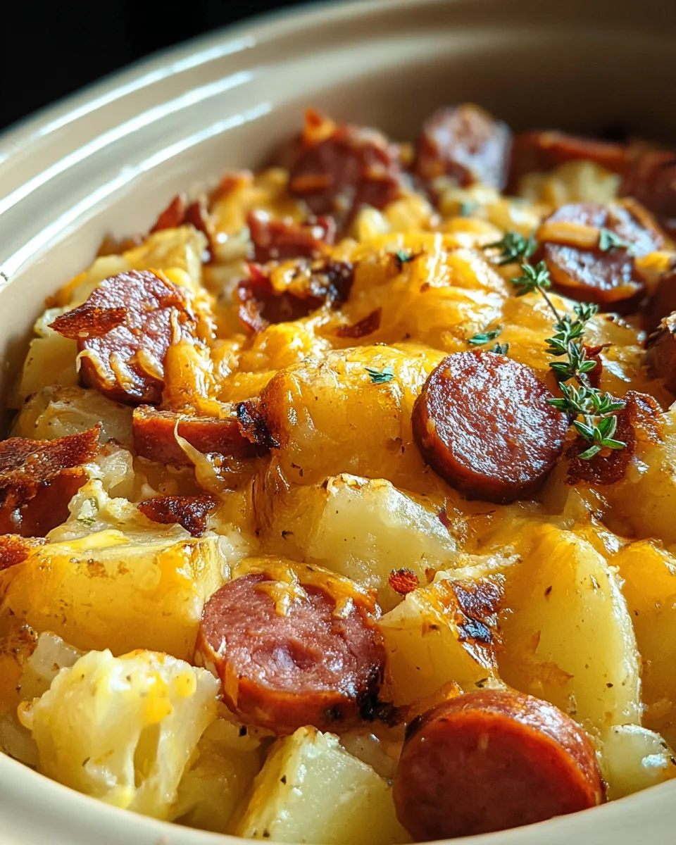 Crockpot Cheesy Potatoes with Beef Kielbasa - Easy Meal