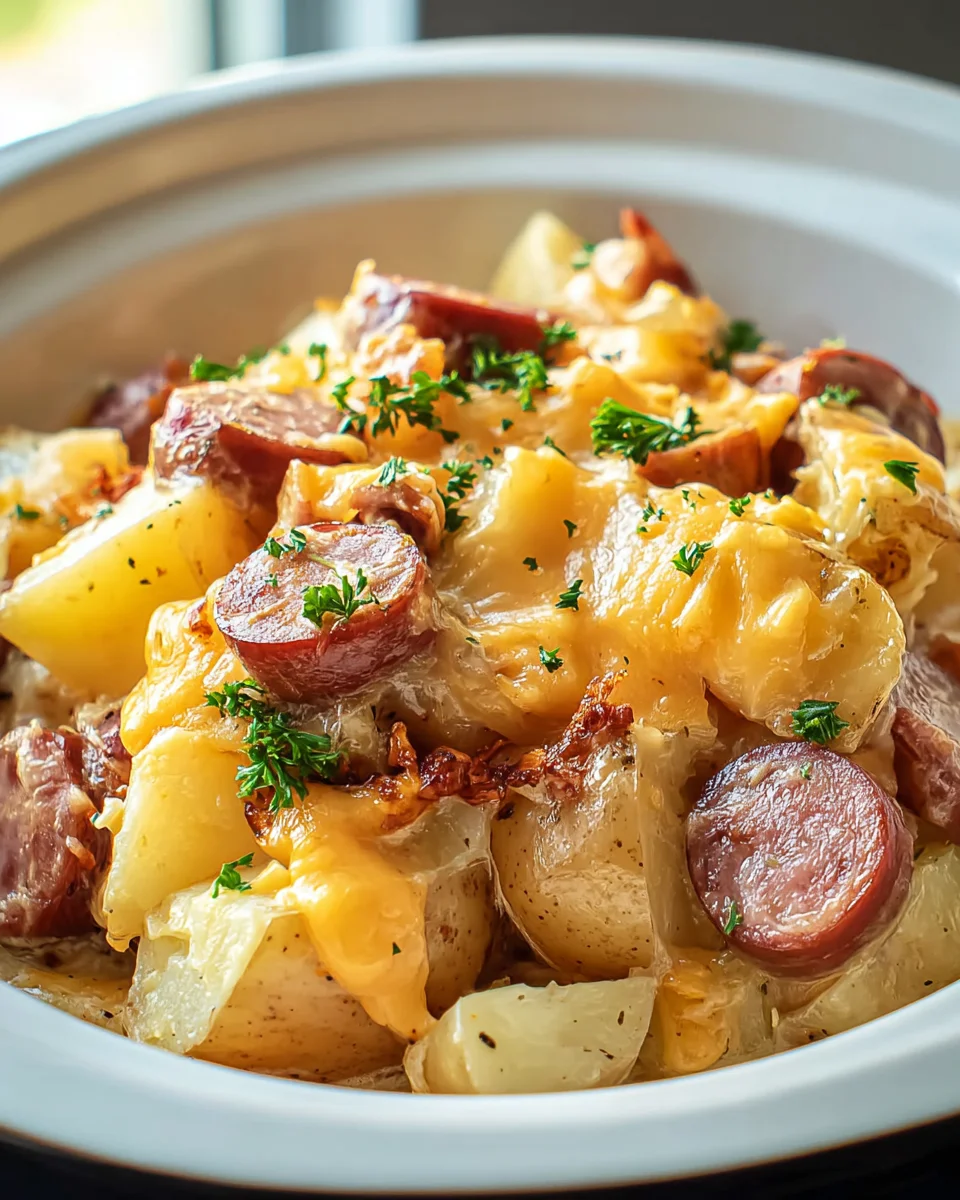 Hearty Crockpot Cheesy Potatoes & Beef Kielbasa Dinner