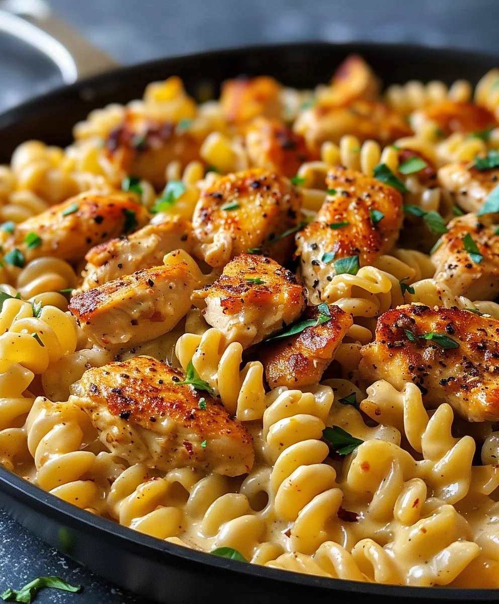 Quick Cheesy Cajun Garlic Chicken Rotini Skillet Recipe