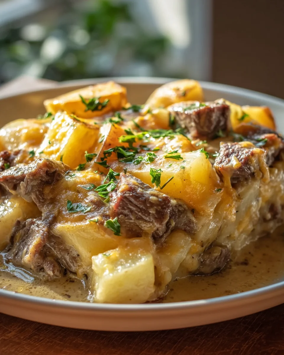 Hearty Slow Cooker Steak & Cheddar Potato Casserole Recipe