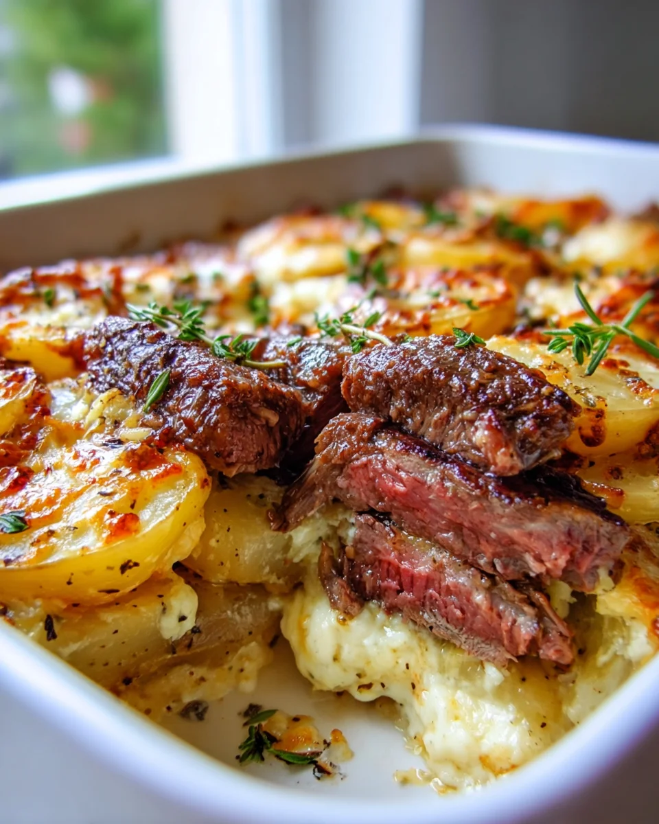 Garlic Butter Steak Cheddar Potato Bake