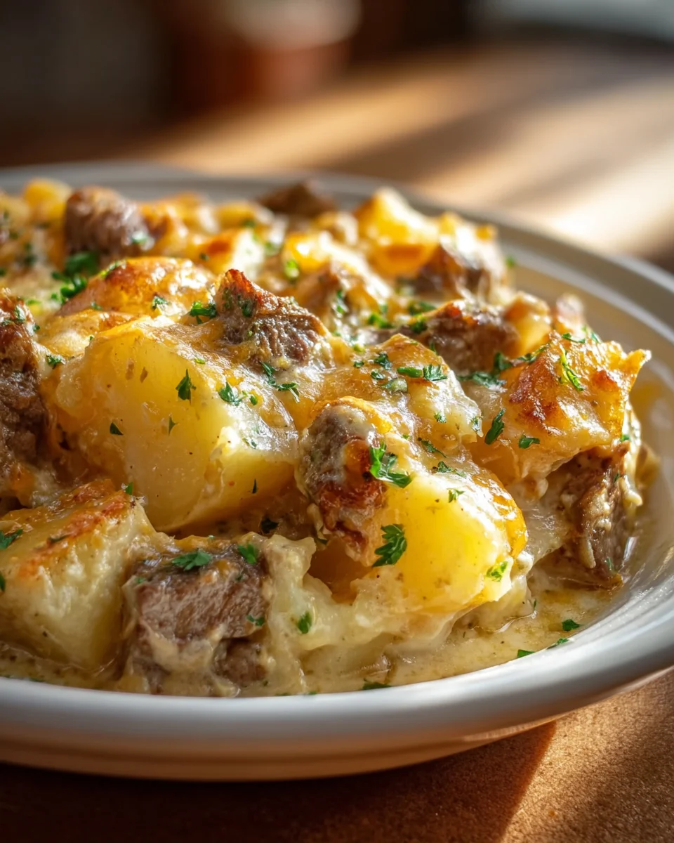 Hearty Slow Cooker Steak & Cheddar Potato Casserole Recipe