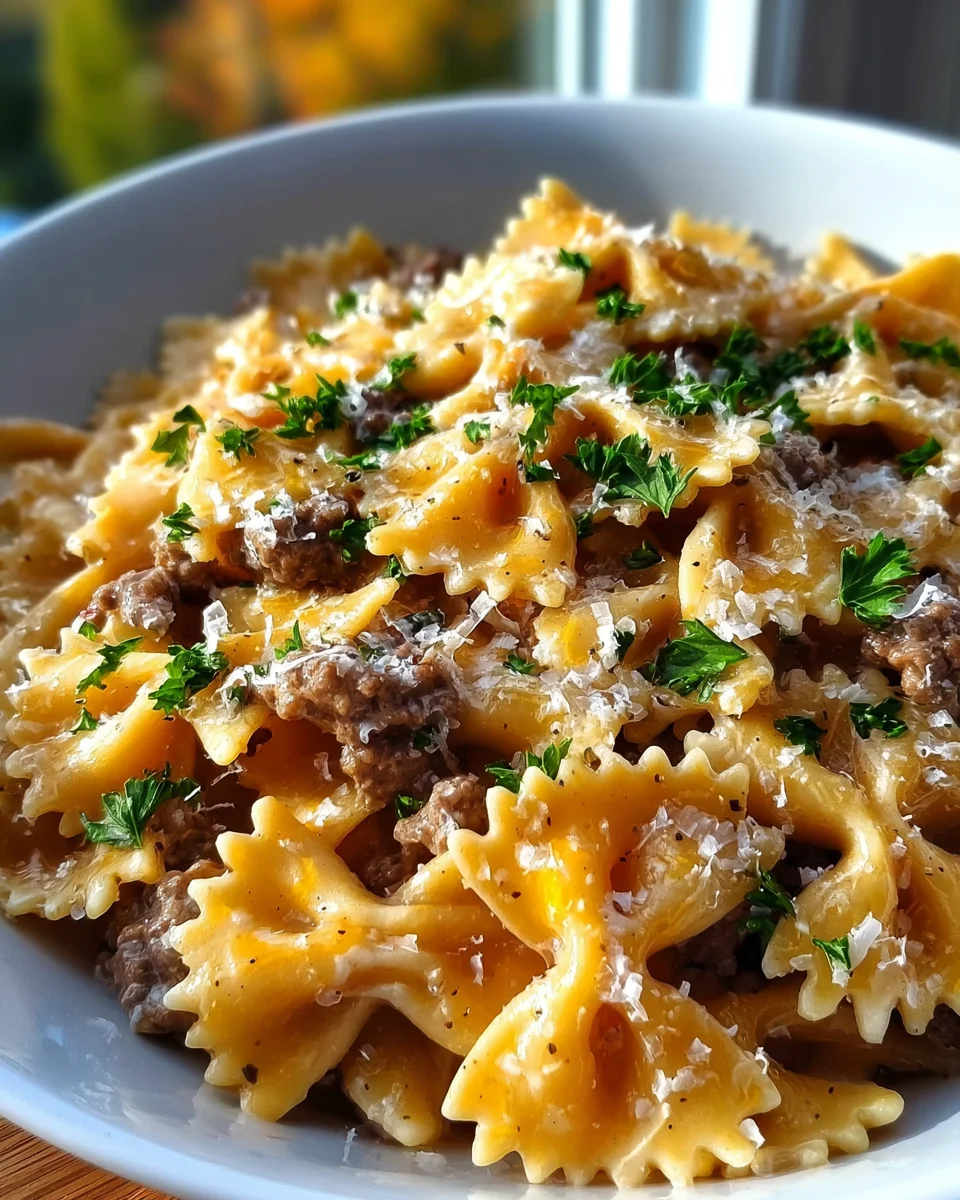 Easy Garlic Butter Beef Bowtie Pasta – So Cheesy!