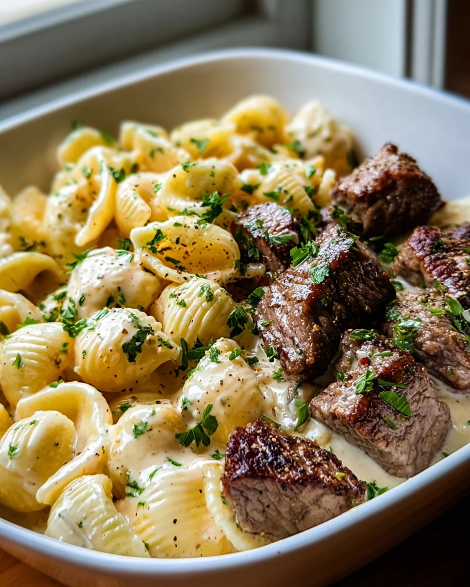Steak Bites Alfredo Pasta: Creamy Garlic Butter Shells