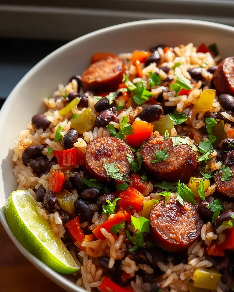 Savory Black Beans and Rice with Beef Sausage Recipe