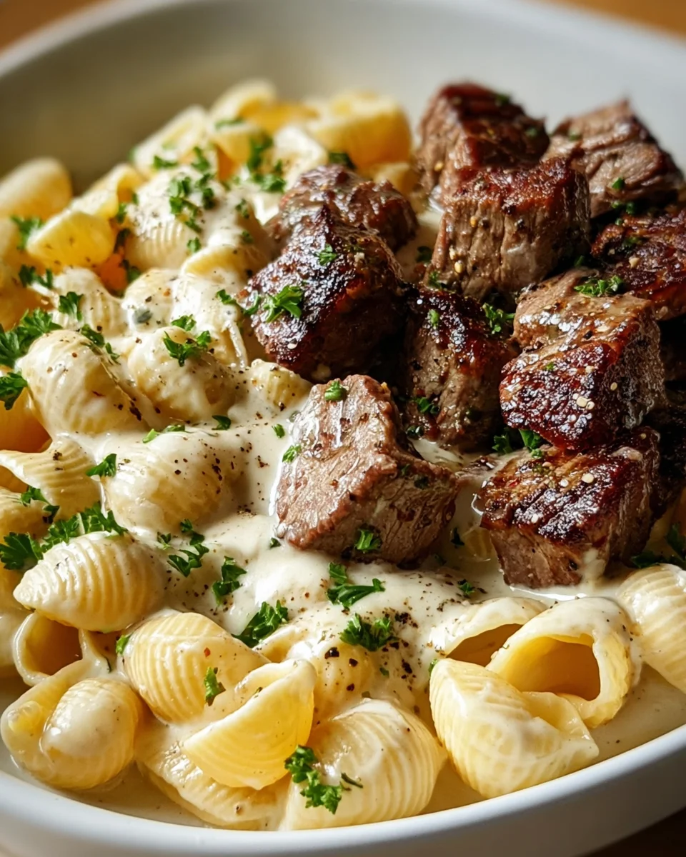 Steak Bites Alfredo Pasta: Creamy Garlic Butter Shells