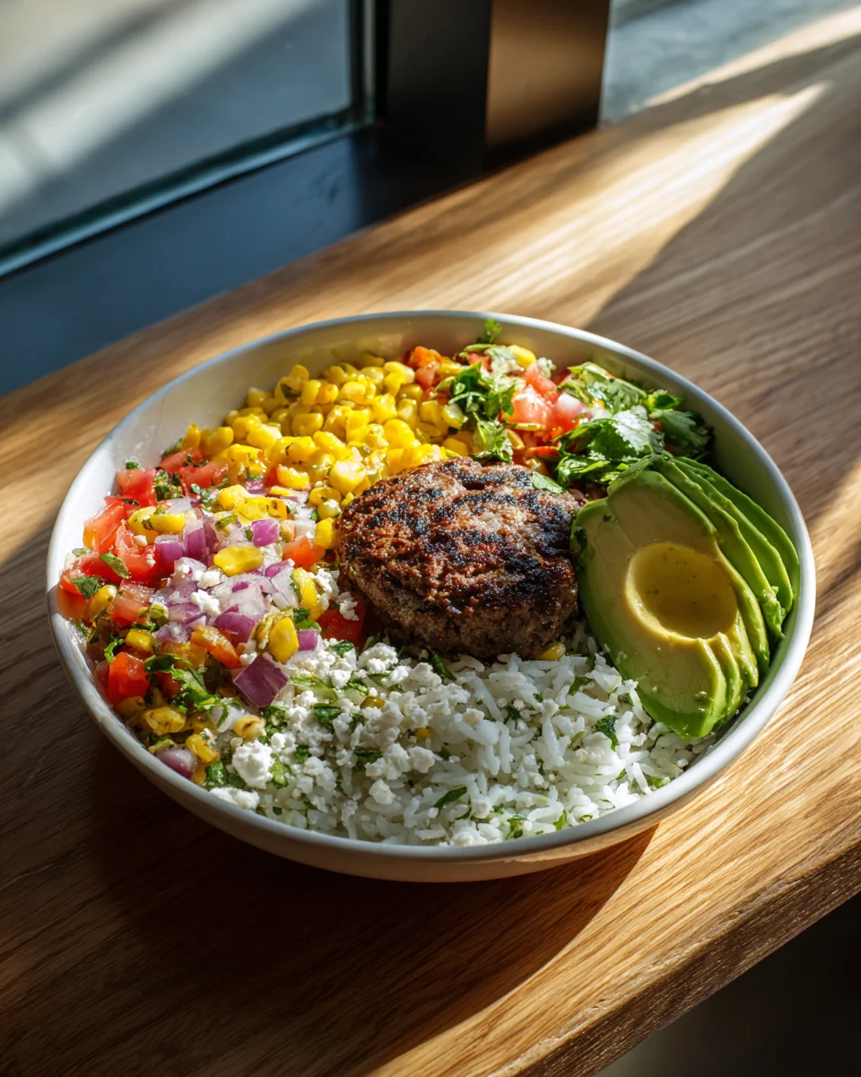 Vibrant Southwest Burger Bowl with Fresh Corn Salsa