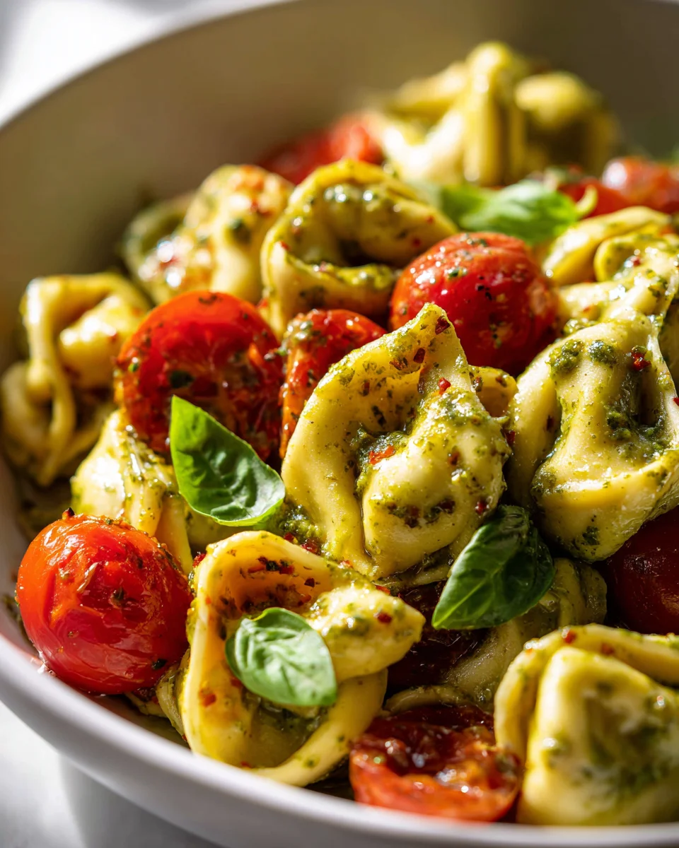 Quick Pesto Tortellini Salad with Burst Cherry Tomatoes