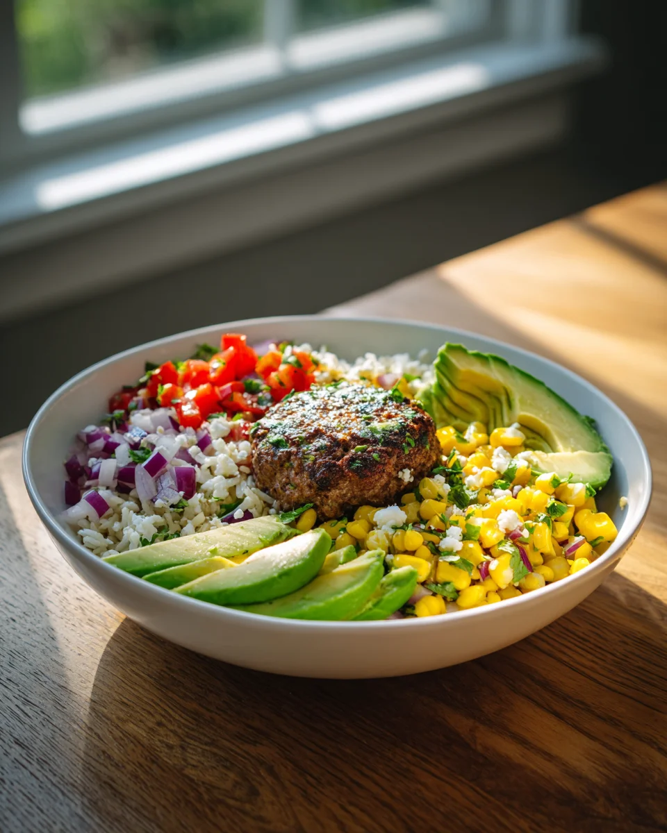 Vibrant Southwest Burger Bowl with Fresh Corn Salsa
