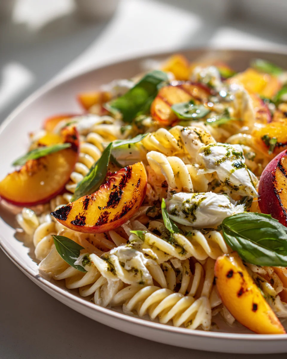 Grilled Peach & Burrata Pasta Salad with Honey Basil Dressing