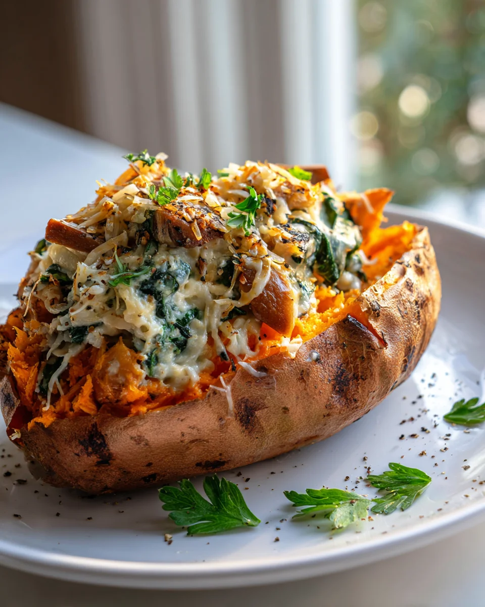 Easy Creamy Mushroom & Spinach Stuffed Sweet Potatoes Recipe