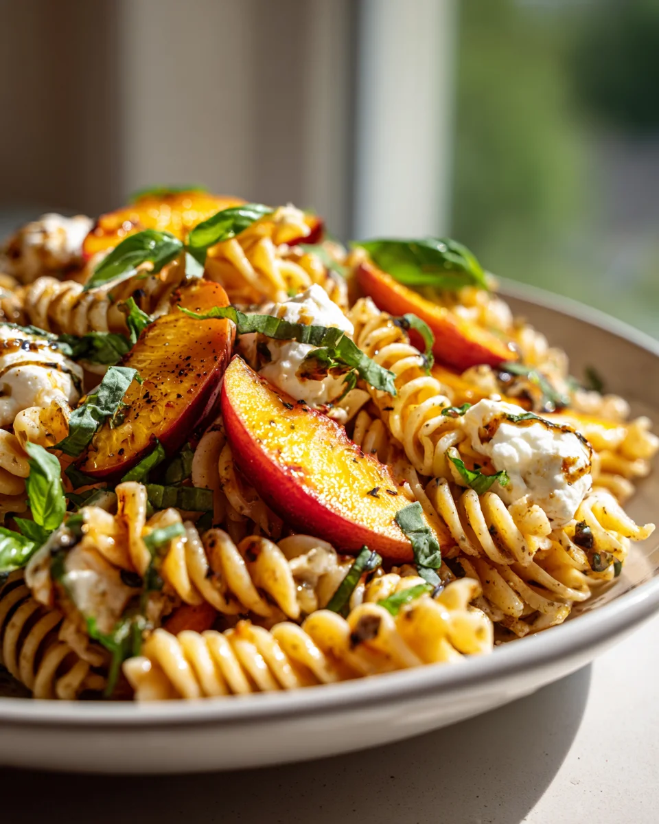 Grilled Peach & Burrata Pasta Salad with Honey Basil Dressing