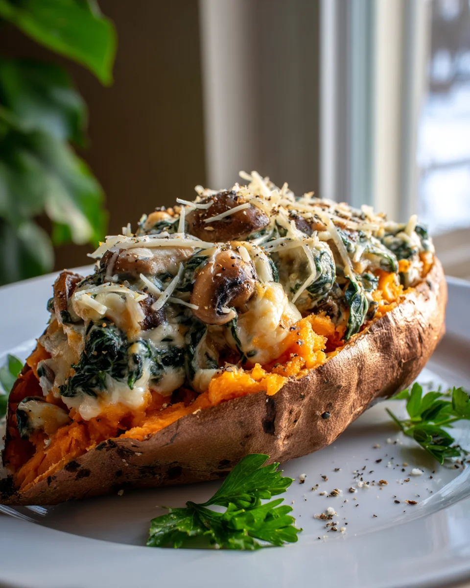 Easy Creamy Mushroom & Spinach Stuffed Sweet Potatoes Recipe