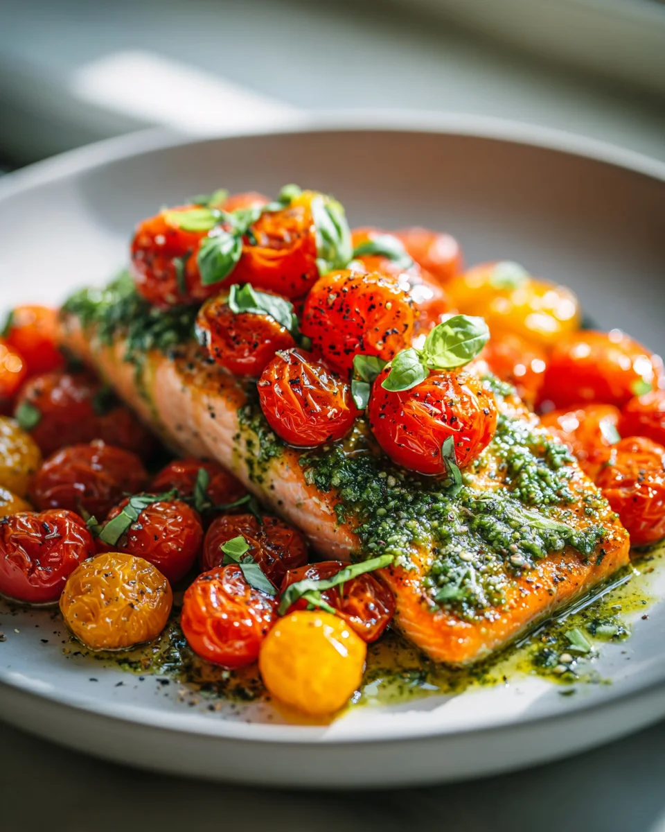Quick Sheet Pan Pesto Salmon with Roasted Cherry Tomatoes