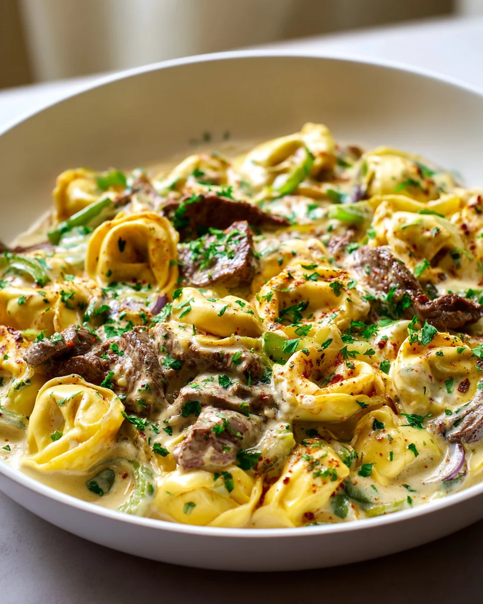 Delicious Cheesesteak Tortellini Skillet with Provolone