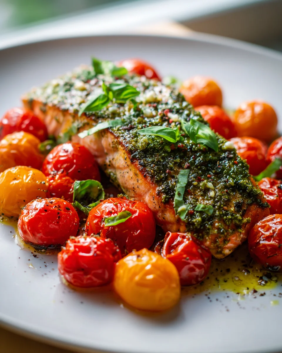Quick Sheet Pan Pesto Salmon with Roasted Cherry Tomatoes