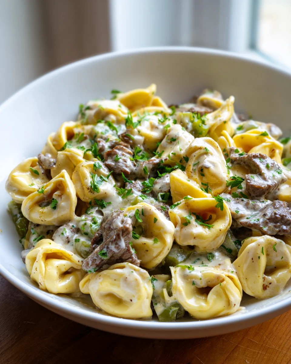 Delicious Cheesesteak Tortellini Skillet with Provolone
