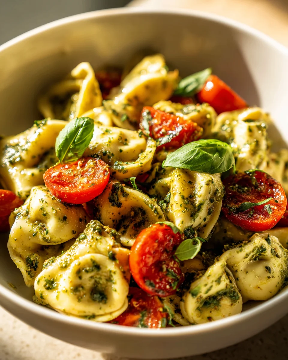 Quick Pesto Tortellini Salad with Burst Cherry Tomatoes