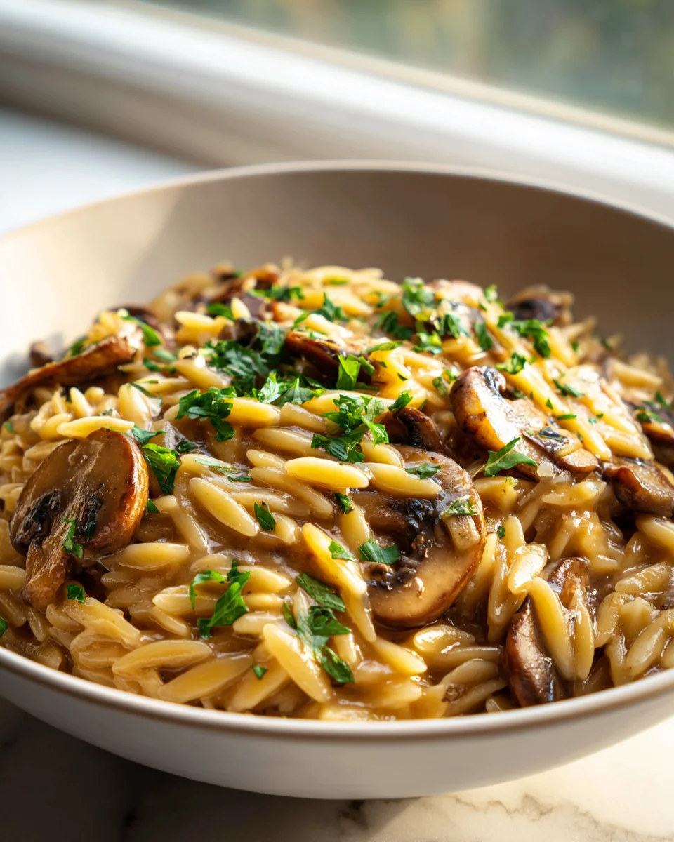 Easy One Pot Creamy Mushroom Orzo - Vegetarian Comfort Bowl