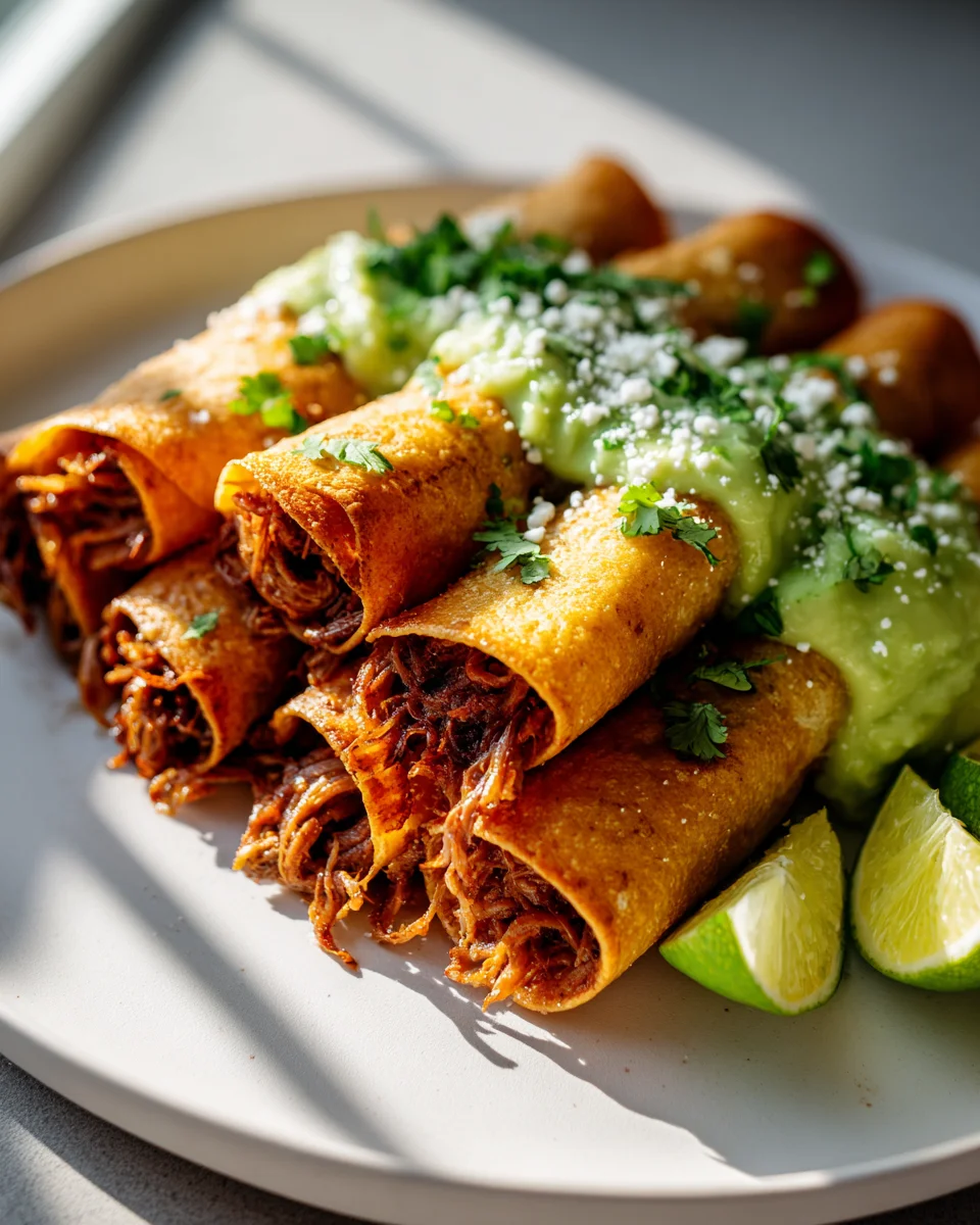 Delicious Shredded Beef Flautas with Creamy Avocado Sauce