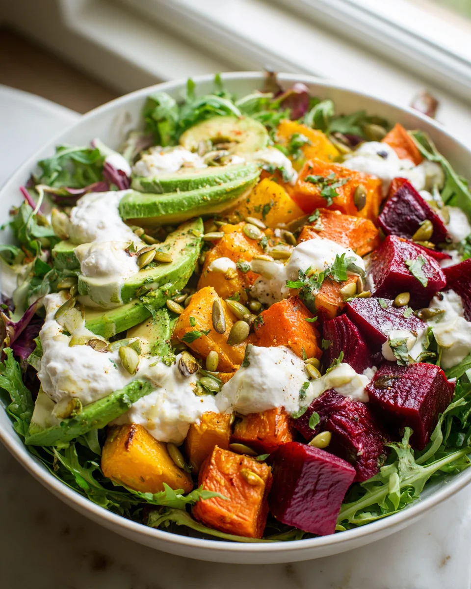 Healthy Roasted Beet Sweet Potato Avocado Salad Recipe