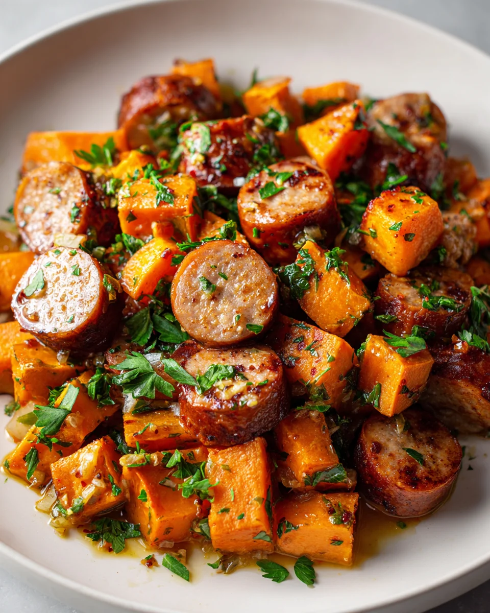 Best Sausage Sweet Potatoes with Sticky Honey Garlic Sauce