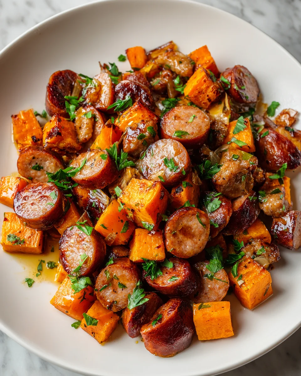 Best Sausage Sweet Potatoes with Sticky Honey Garlic Sauce