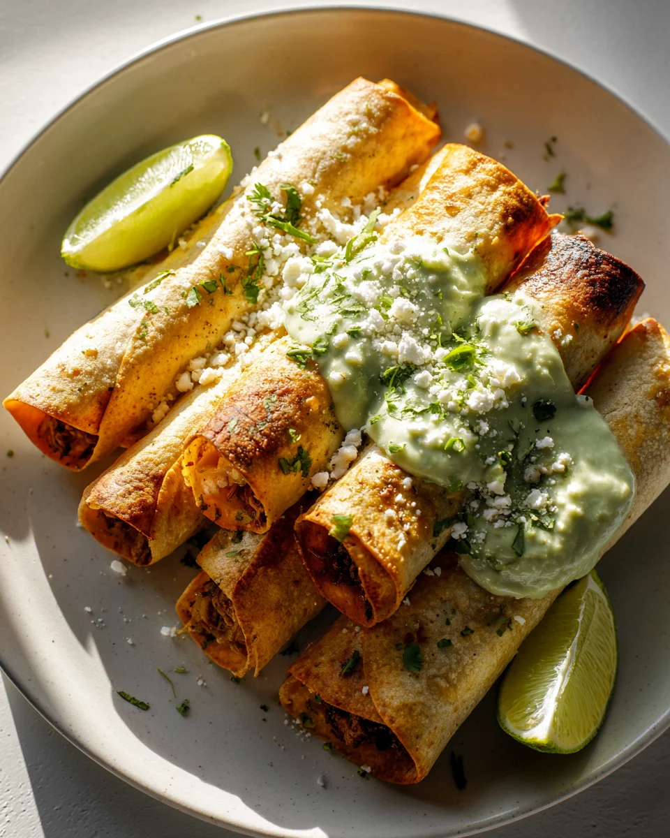 Delicious Shredded Beef Flautas with Creamy Avocado Sauce