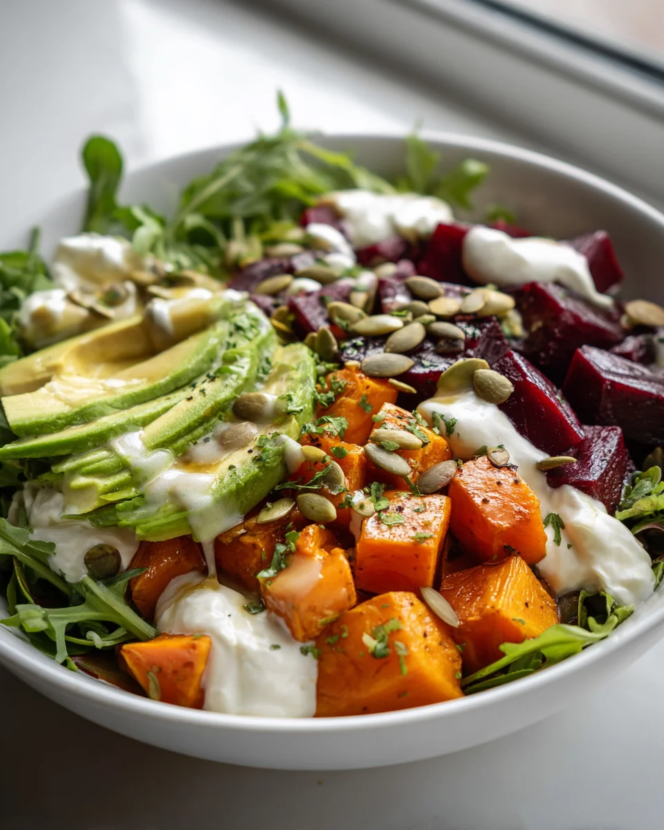 Healthy Roasted Beet Sweet Potato Avocado Salad Recipe