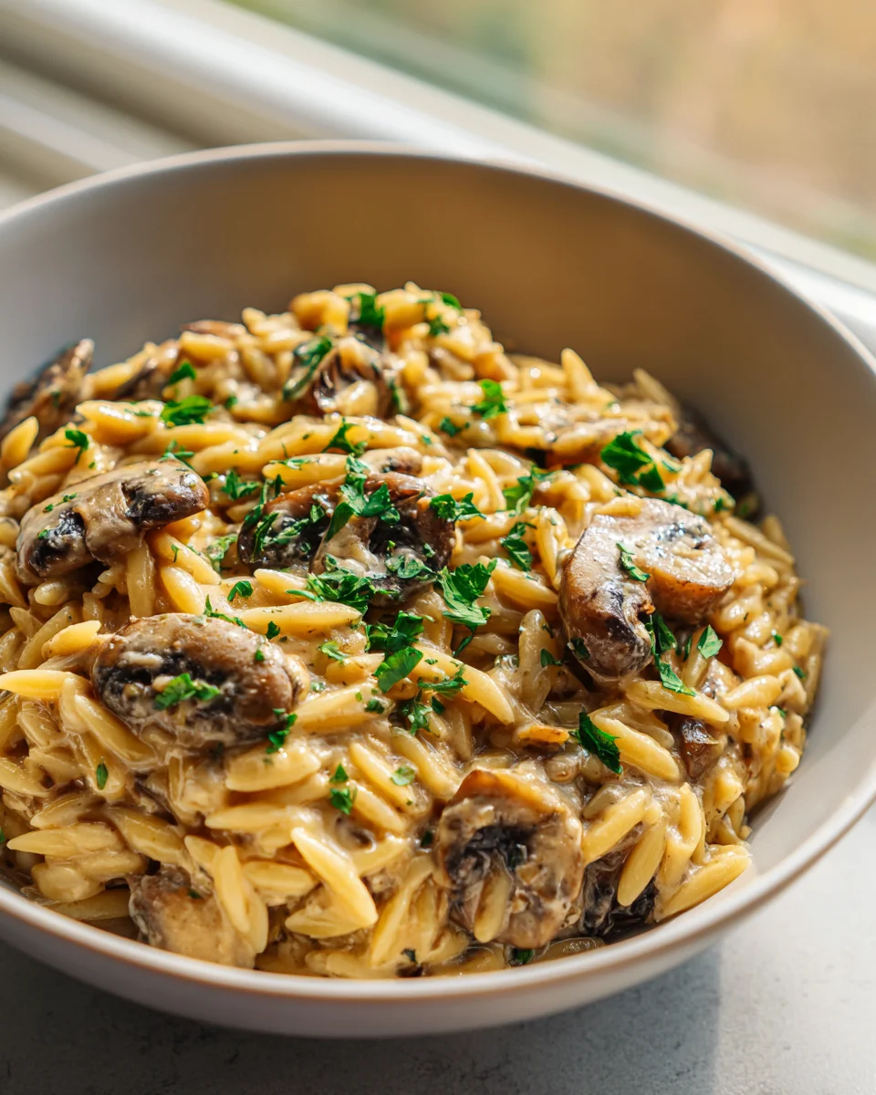 Easy One Pot Creamy Mushroom Orzo - Vegetarian Comfort Bowl