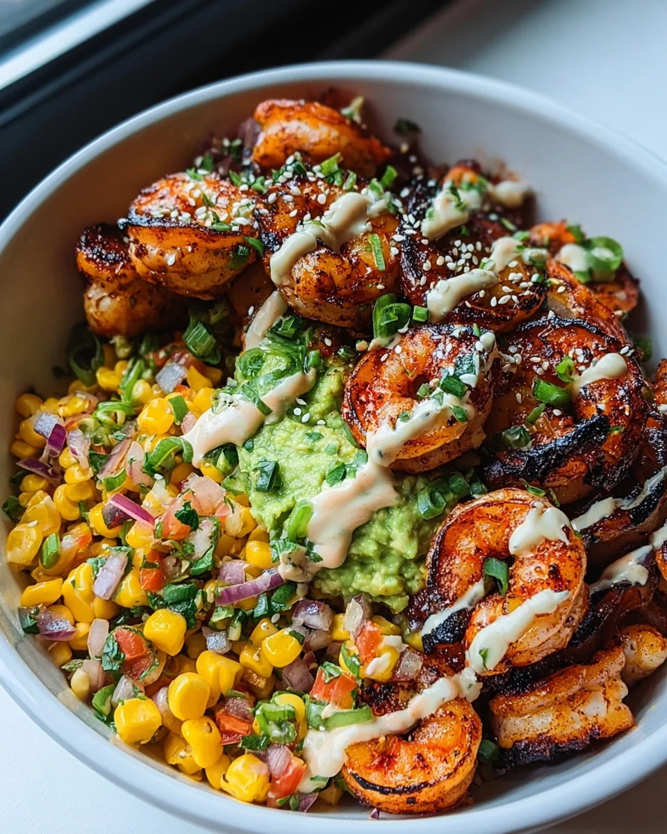 Grilled Shrimp Bowl with Avocado Corn Salsa & Garlic Sauce