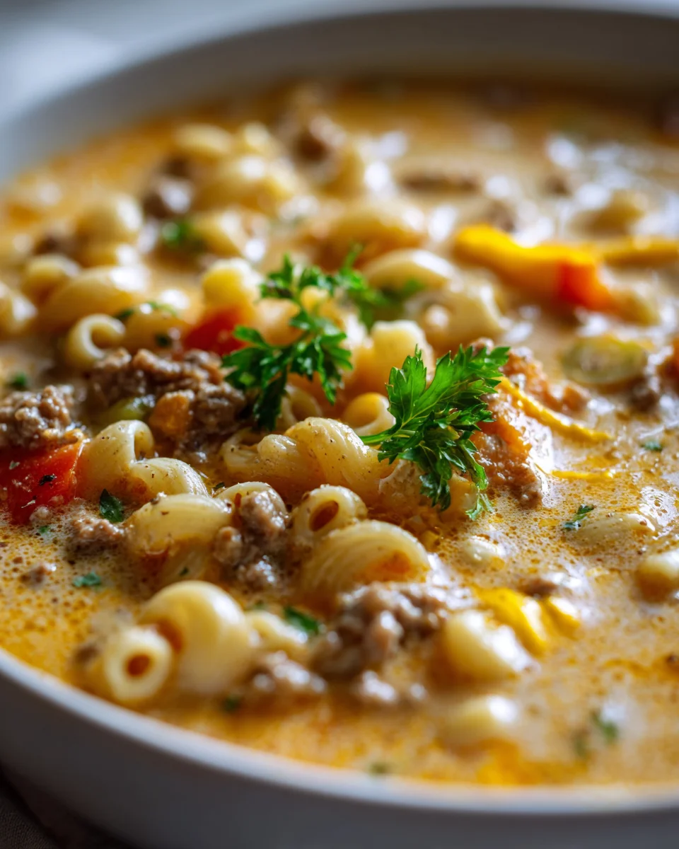 Ultimate Cheeseburger Pasta Soup: Beef, Cheddar & Mustard