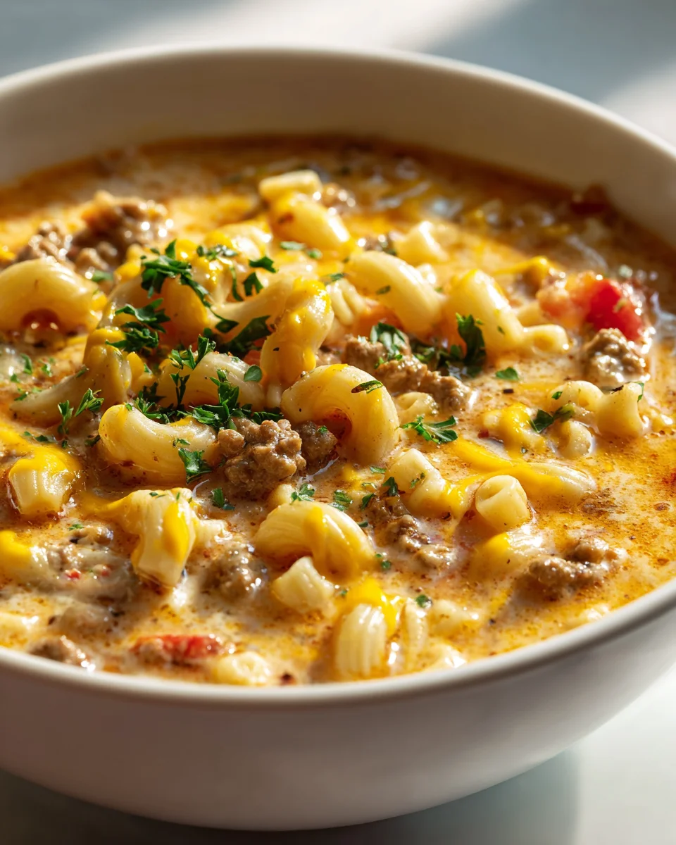 Ultimate Cheeseburger Pasta Soup: Beef, Cheddar & Mustard