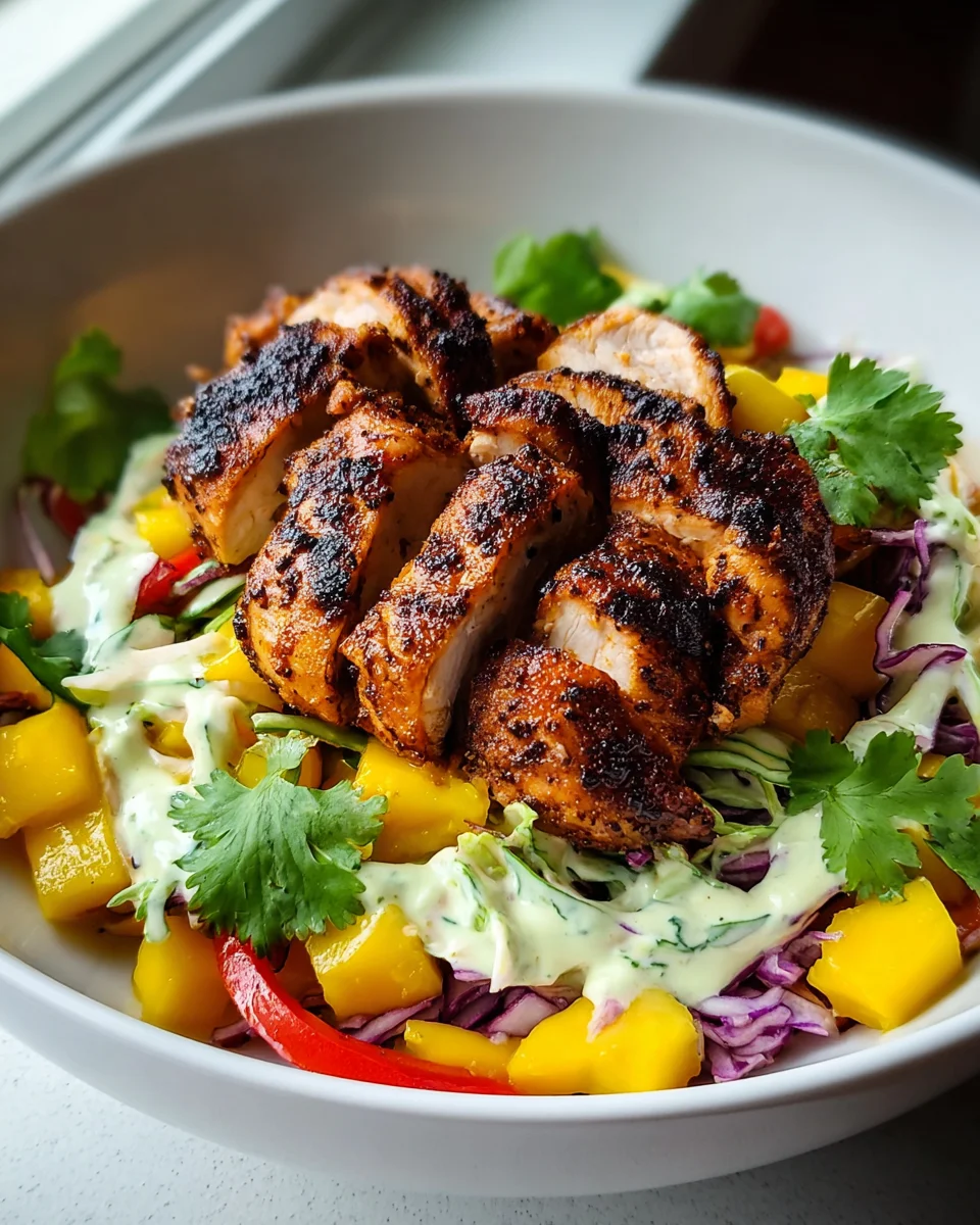 Jerk Beef Mango Slaw Bowls with Honey Lime Cream
