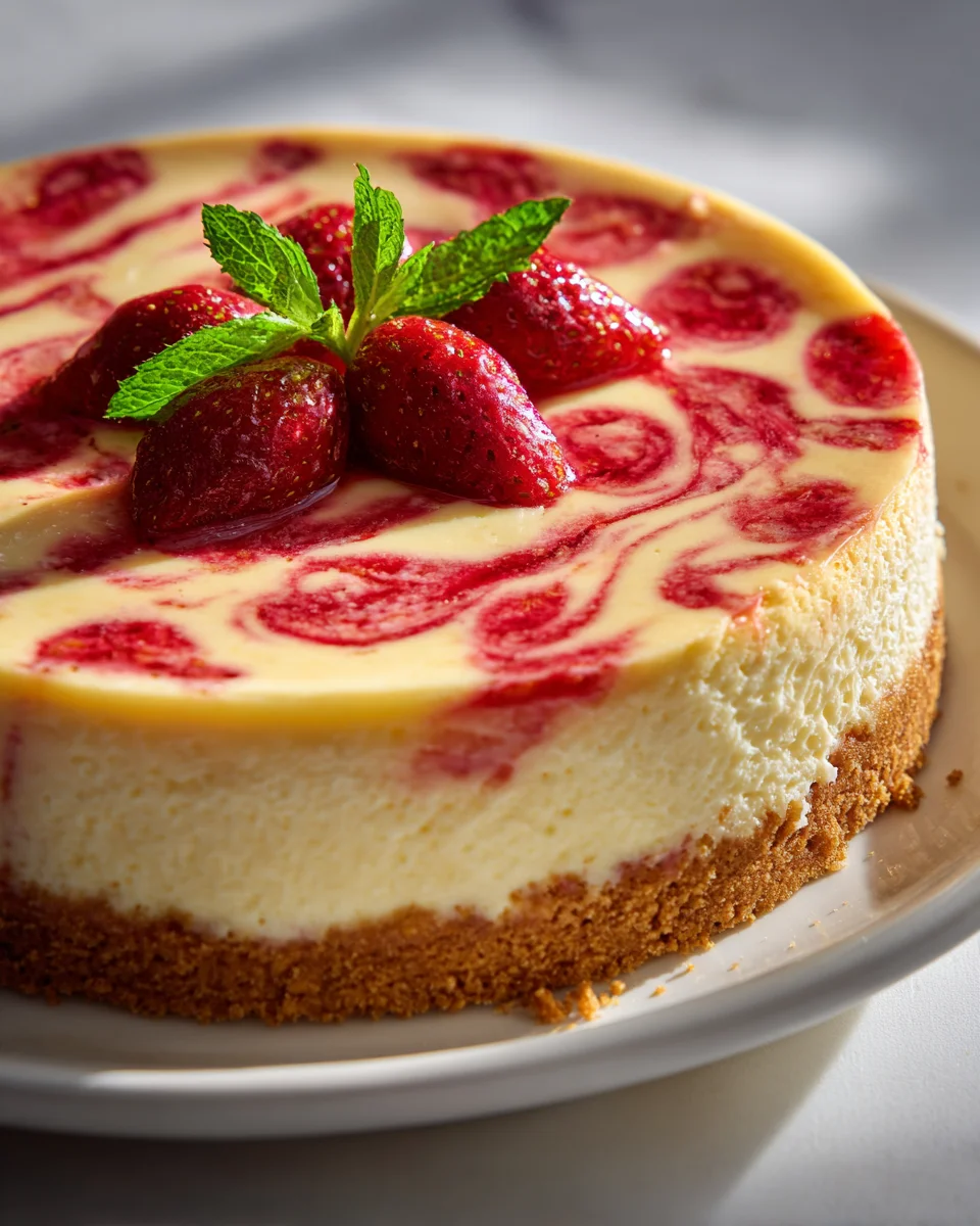 Strawberry Swirl Cheesecake with Beefy Crust