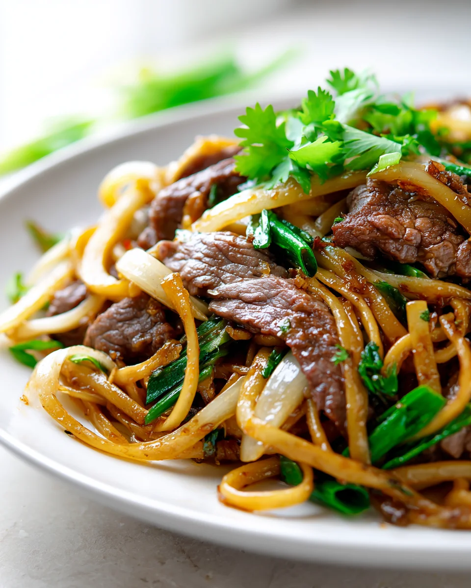 Savory Beef and Onion Noodle Stir Fry with Garlic Glaze