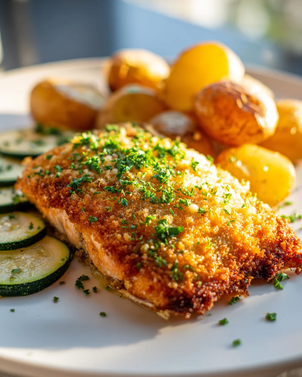 Parmesan Crusted Salmon with Roasted Potatoes & Zucchini Recipe