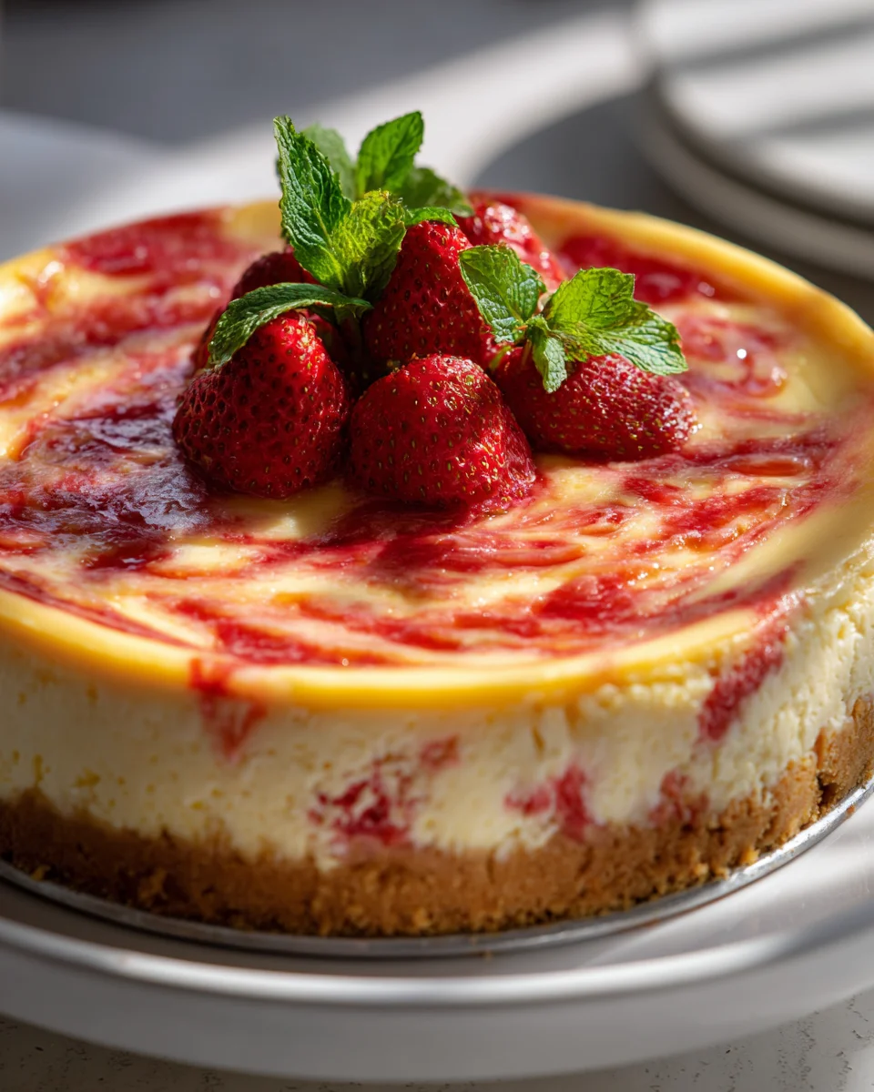 Strawberry Swirl Cheesecake with Beefy Crust
